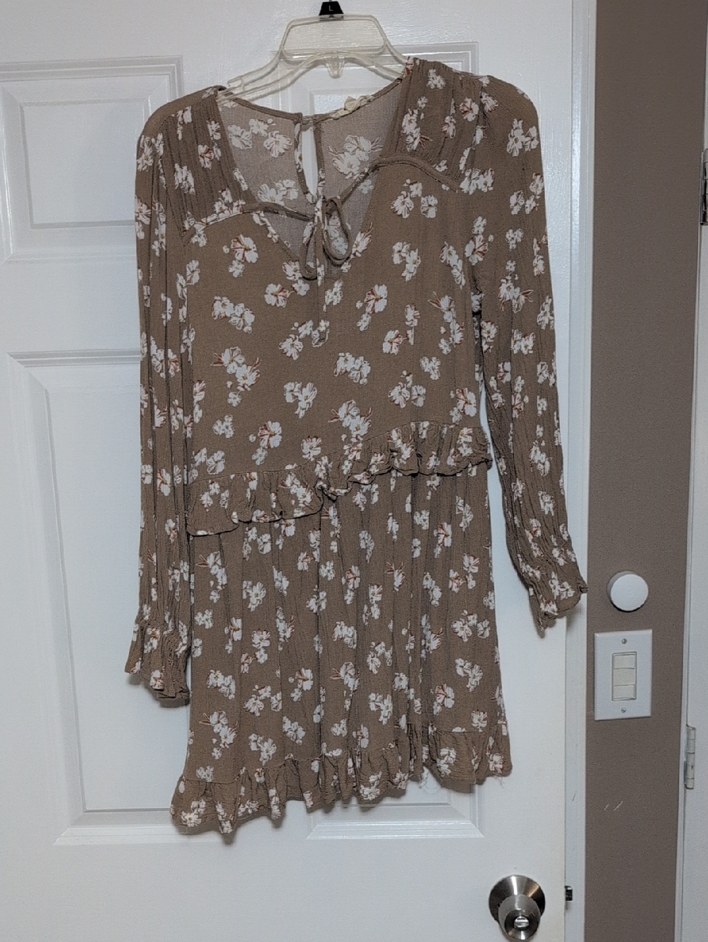 Promesa Taupe and White Floral Tie-Neck Dress